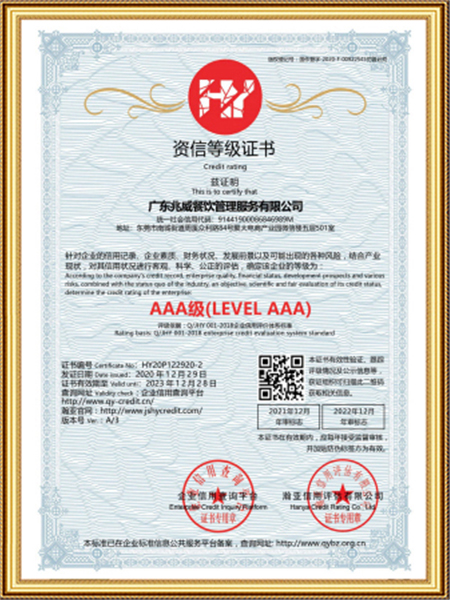 AAA资信等级证书