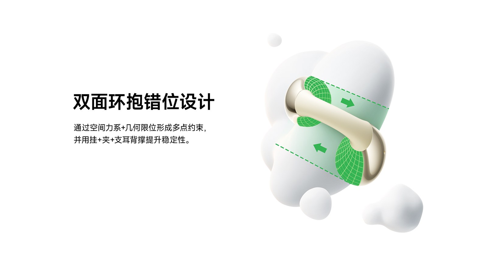 双面环抱错位设计:通过空间力系 + 几何限位形成多点约束,并用挂 + 夹 + 支耳背撑提升稳定性