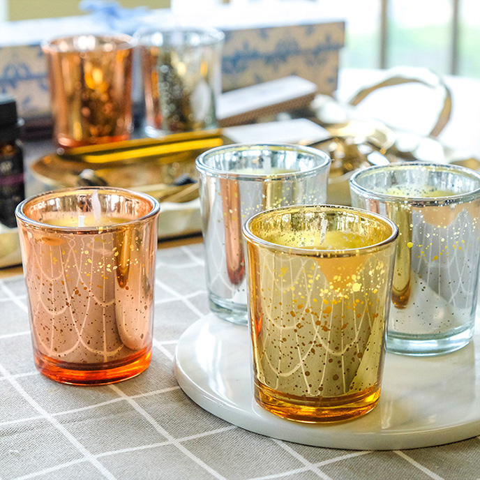 家用金色镂空电镀玻璃蜡烛...