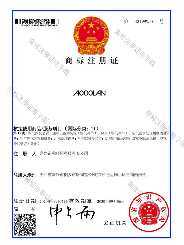 AOCOLAN商标注册证