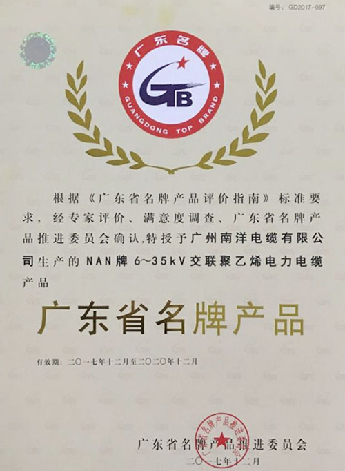 广东省名牌产品证书