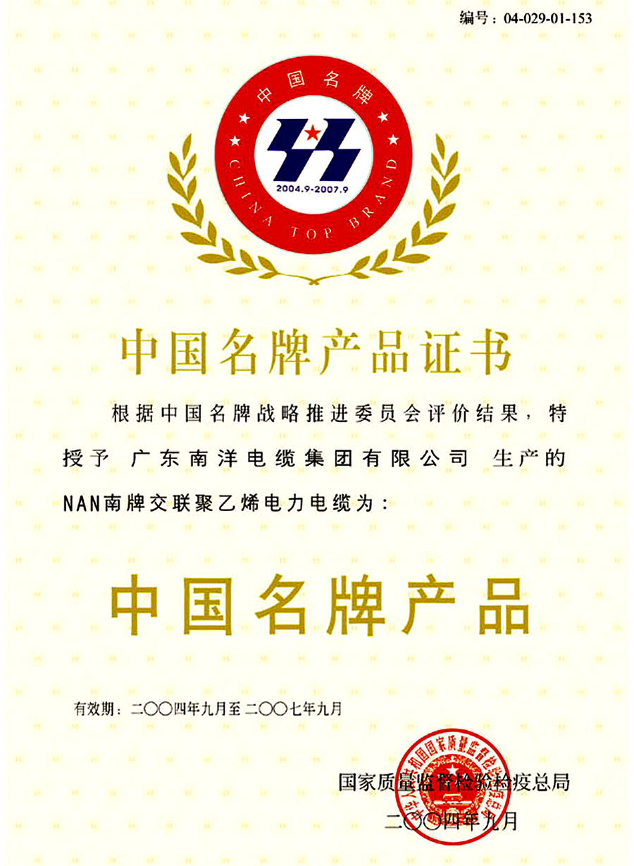 中国名牌产品证书