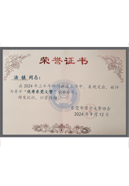 优秀东莞义警荣誉证书